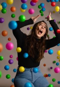 Woman overwhelmed by juggling many colorful balls, illustrating the inefficiency of multitasking compared to time blocking